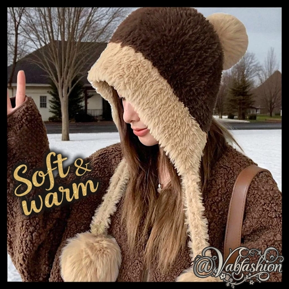Cozy & Chic Two-Tone Coffee Faux Fur Pom Pom Trapper Hat -Winter Warmth & Style! - Picture 1 of 8